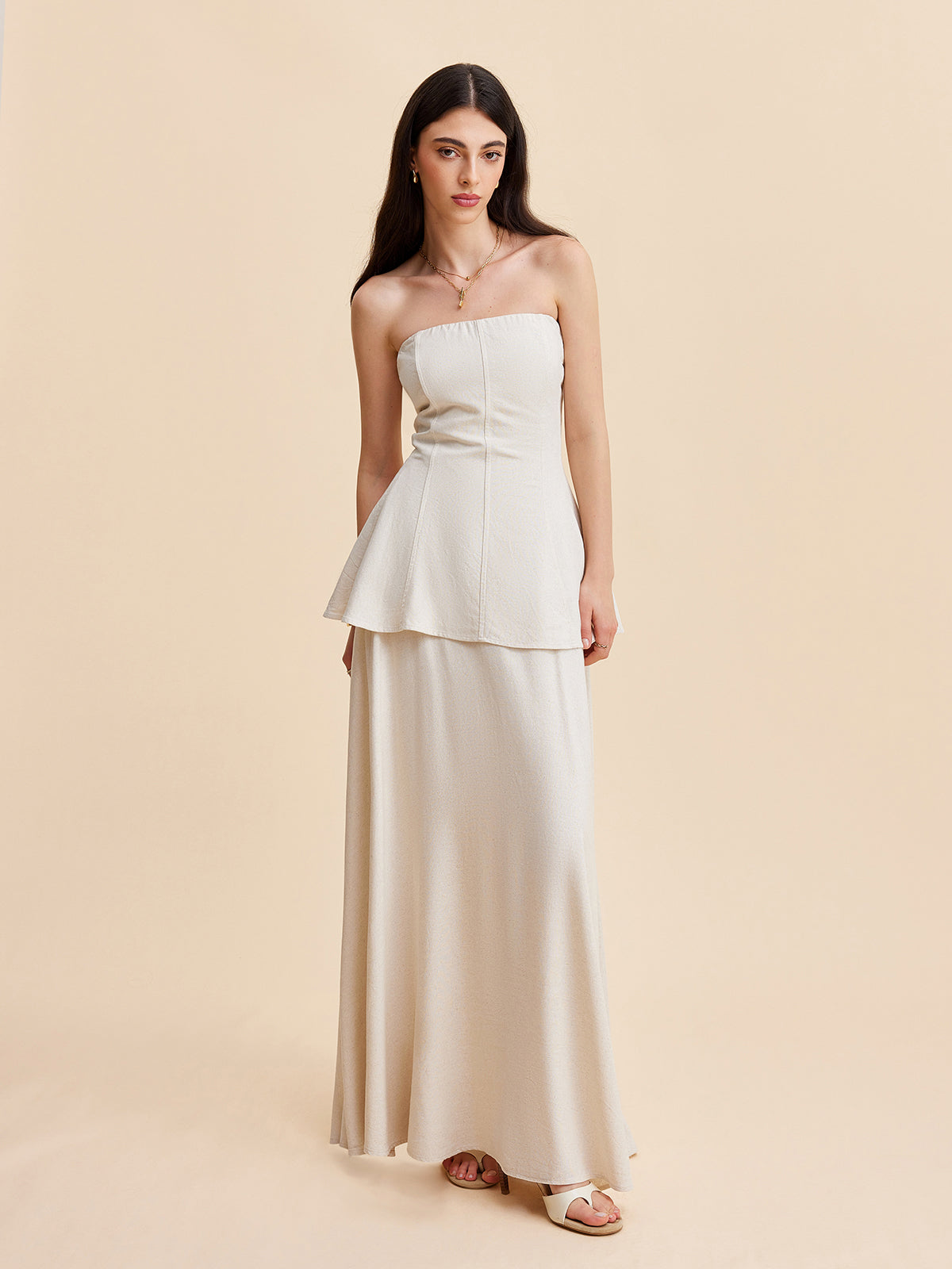 Askısız Peplum Bluz Ve Uçuşan Etek Takımı