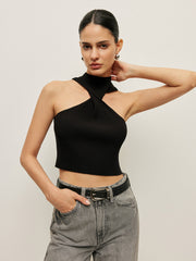 Çizgili Halter Yaka Örgü Üst