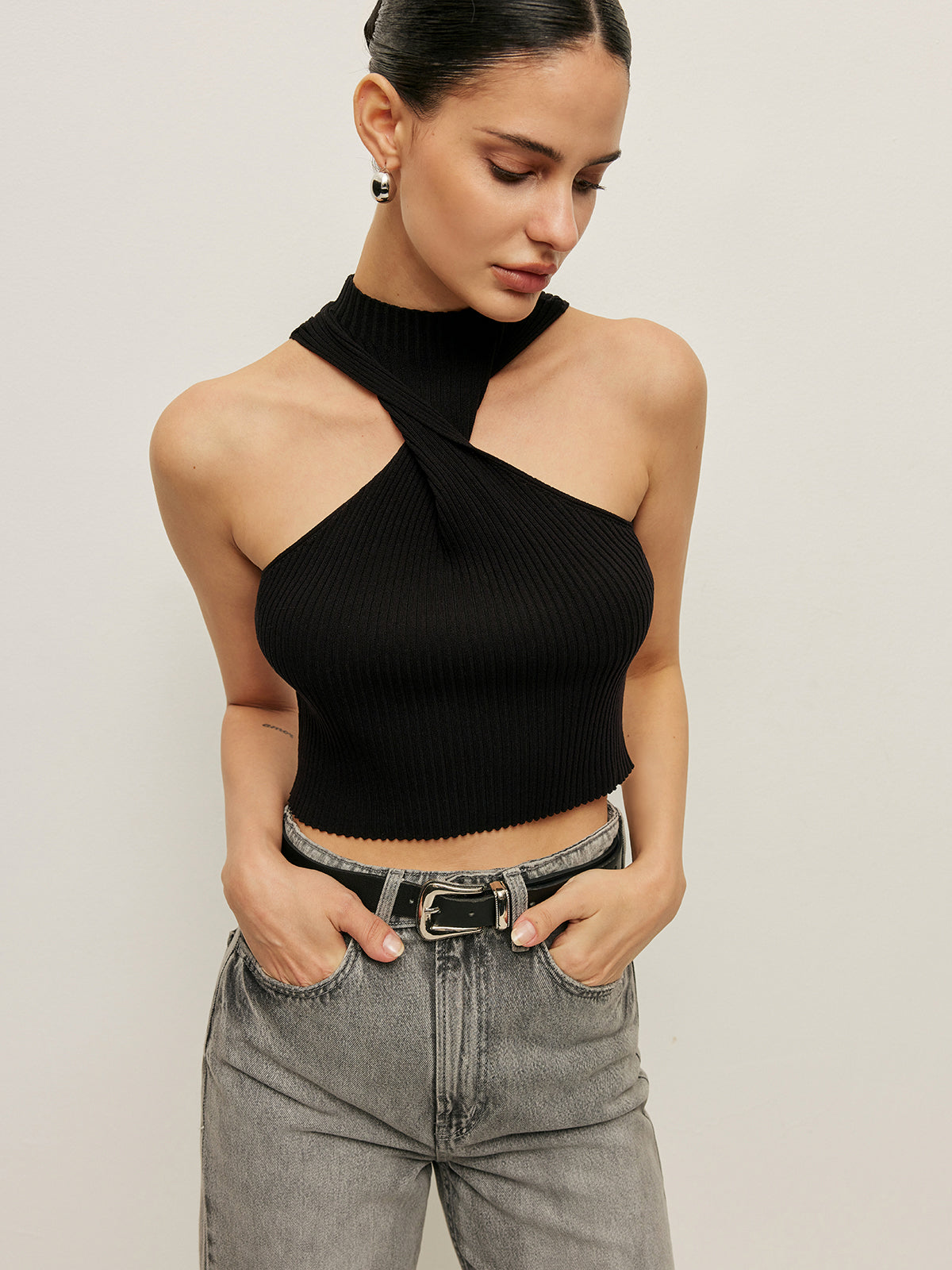 Çizgili Halter Yaka Örgü Üst