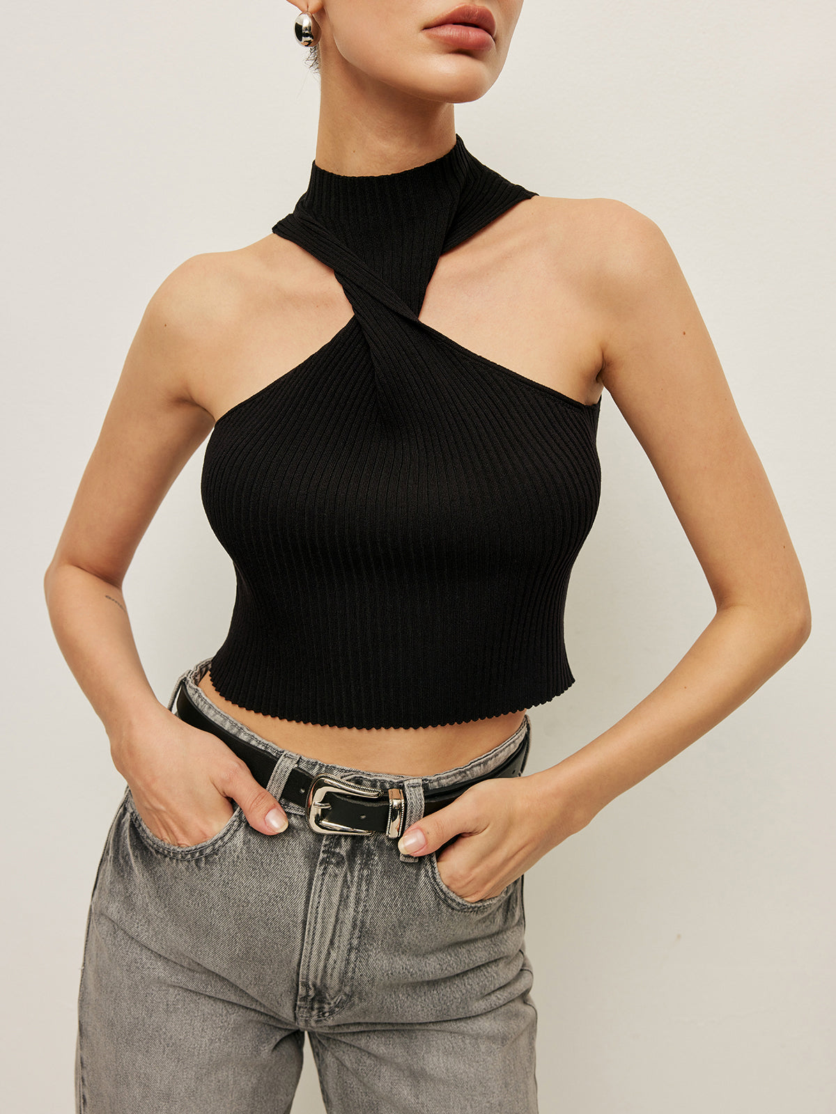 Çizgili Halter Yaka Örgü Üst