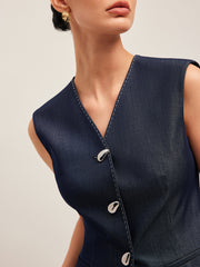 Kontrast Dikişli Düğmeli Peplum Yelek