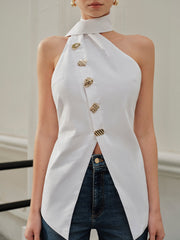 Asimetrik Boyun Bağlamalı Düğmeli Üst