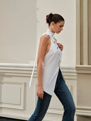 Asimetrik Boyun Bağlamalı Düğmeli Üst