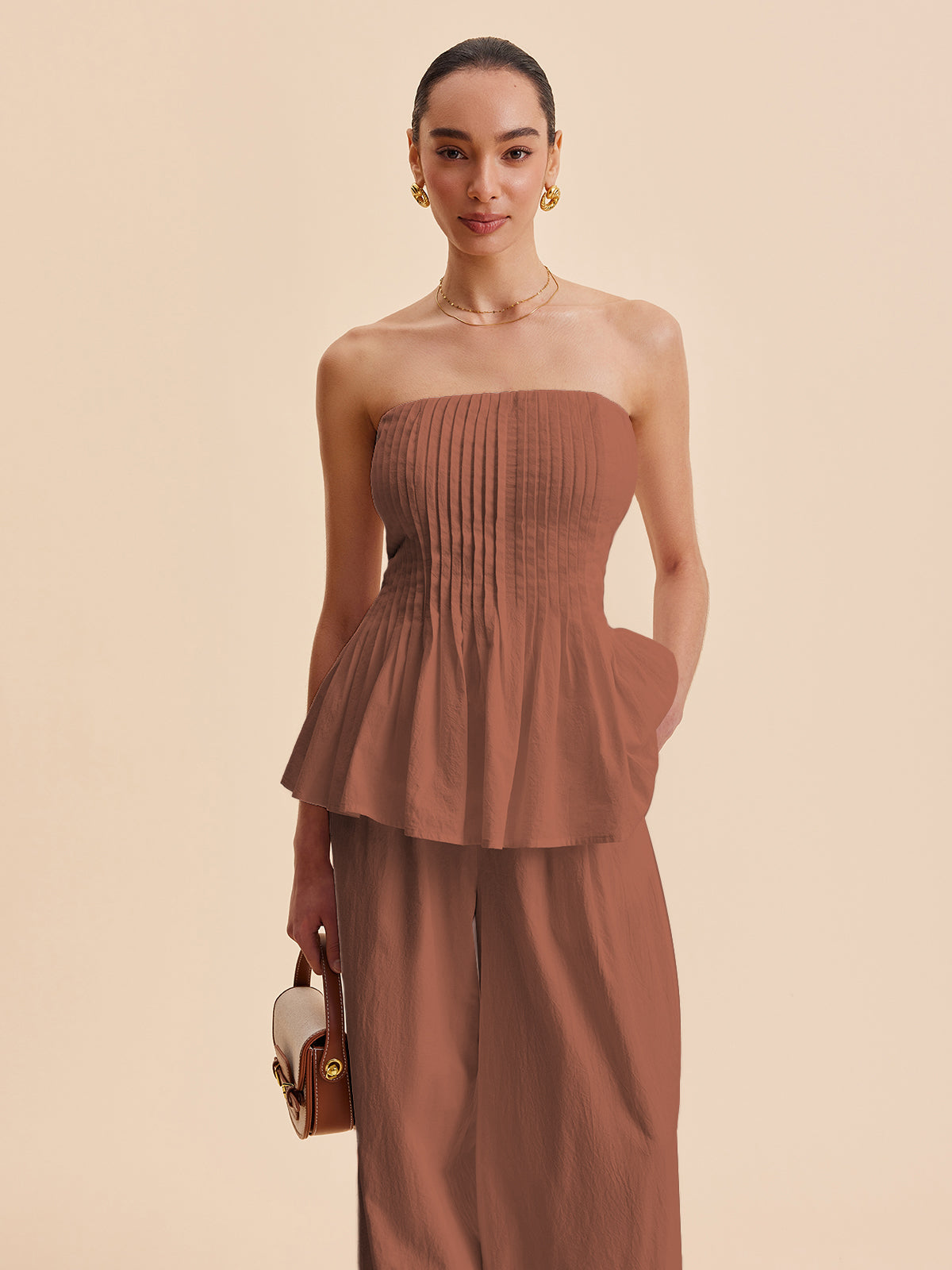 Plise Straplez Peplum Üst