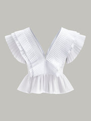 Plise Bluz V Yaka Düğme Detaylı