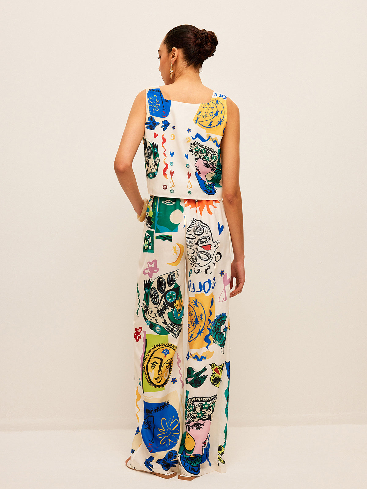 Grafik Baskılı Crop Top Ve Geniş Paça Pantolon Takımı