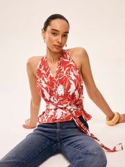 Çiçek Desenli Halter Yaka Bağcıklı Bluz