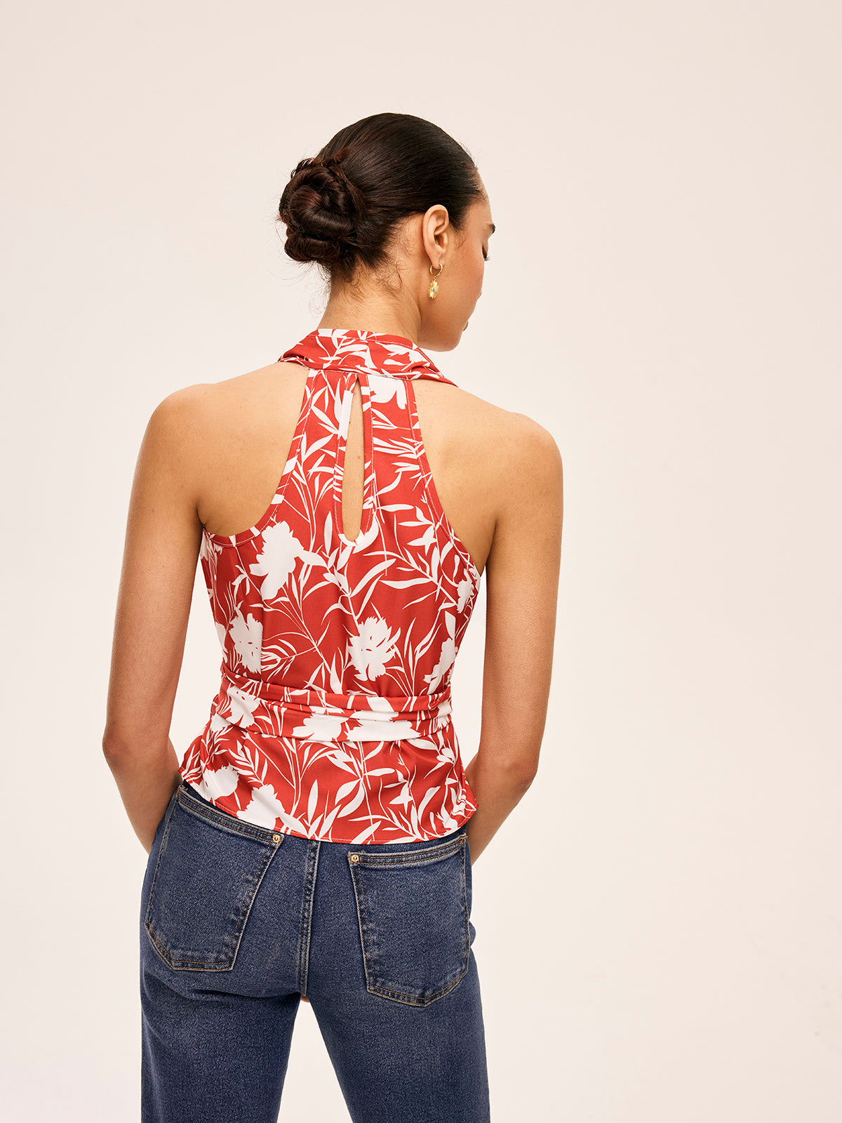 Çiçekli Halter Boyun Bağlamalı Bel Üstü