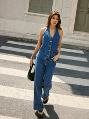 Arka Bağlamalı Kot Halter Yelek