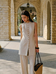 Cep Detaylı Düğmeli Keten Elbise