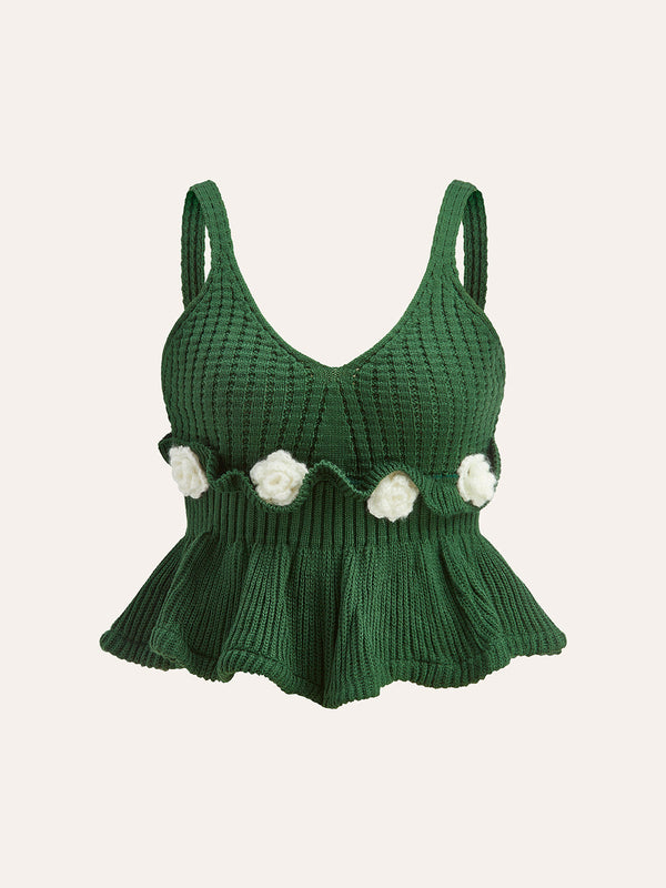 3D Tığ İşi Çiçekli Peplum Kazak Yelek