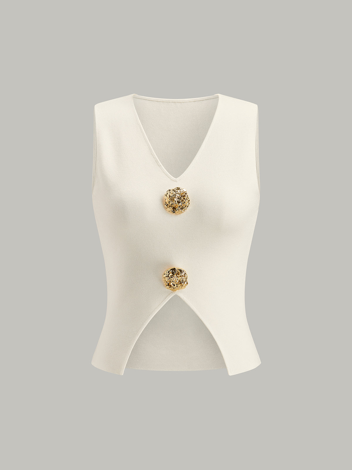 Metal Detaylı V-Yaka Yırtmaçlı Süveter