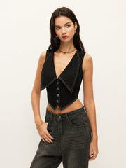 Yaka Detaylı Düğmeli Kot Üst