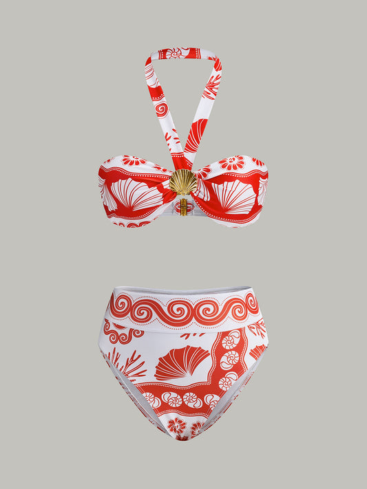 Halter Yaka Baskılı Bikini Takımı