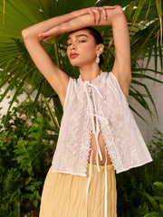 Kravat Yakalı Nakışlı Dantel Bluz