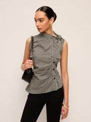 Asimetrik Yaka Kareli Desenli Düğmeli Üst