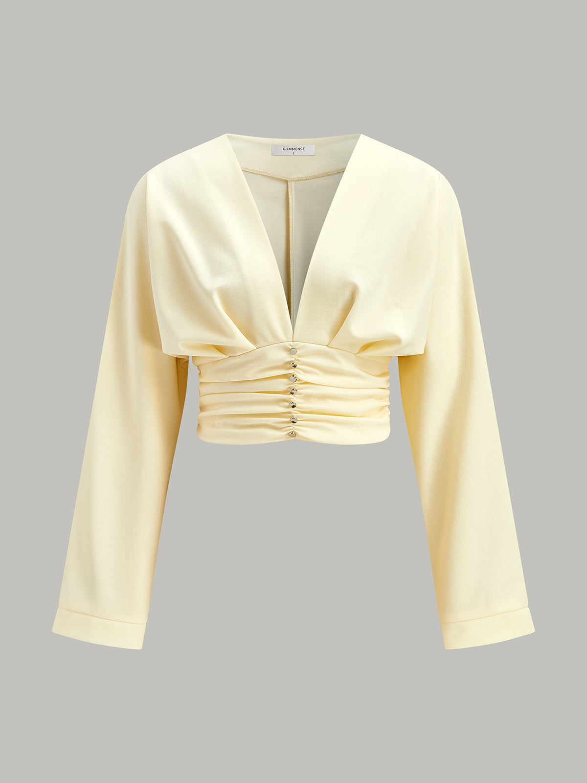 V Yaka Fırfırlı Düğmeli Kısa Bluz