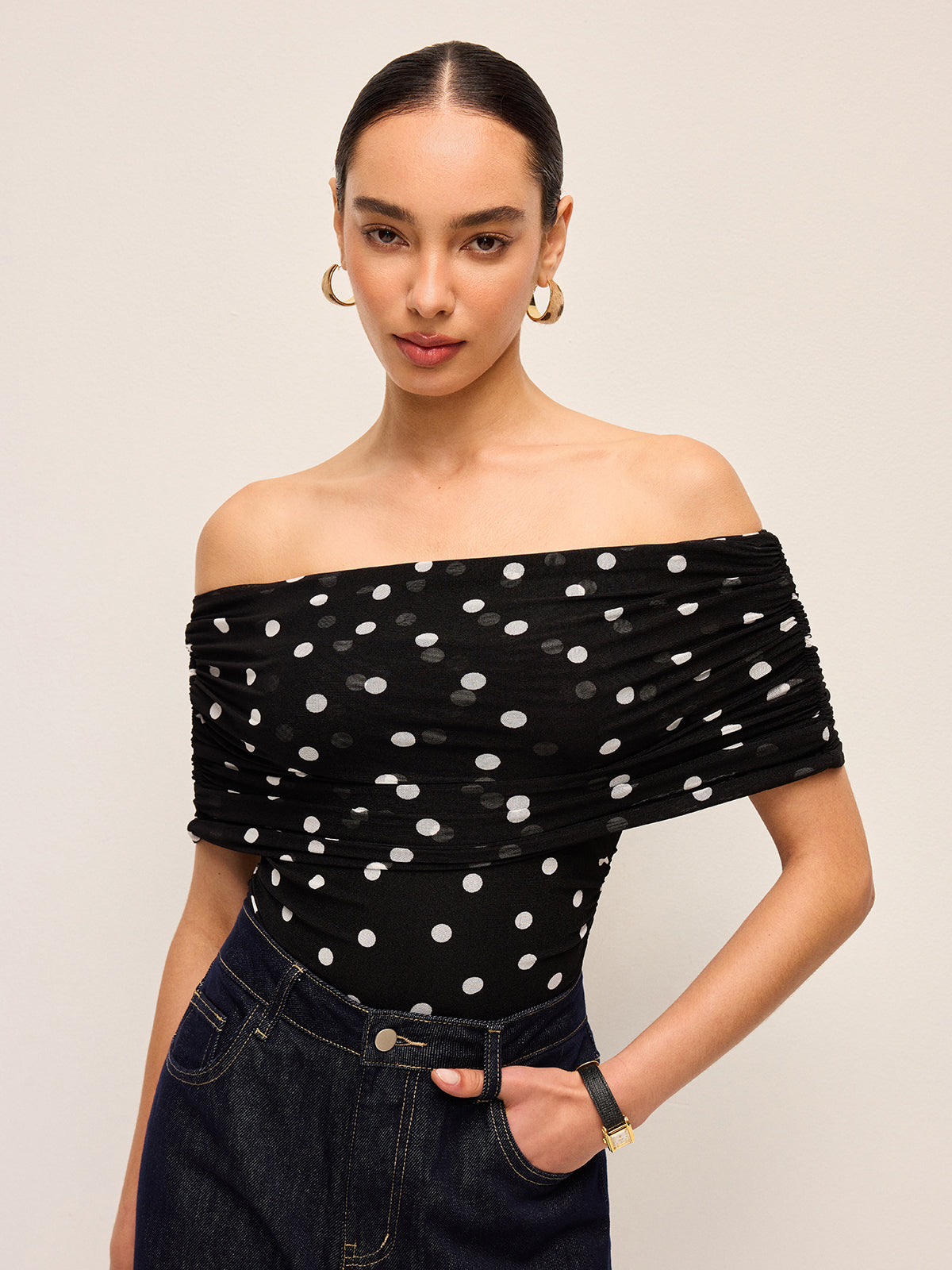Polka Dot Omuz Açık Bodysuit