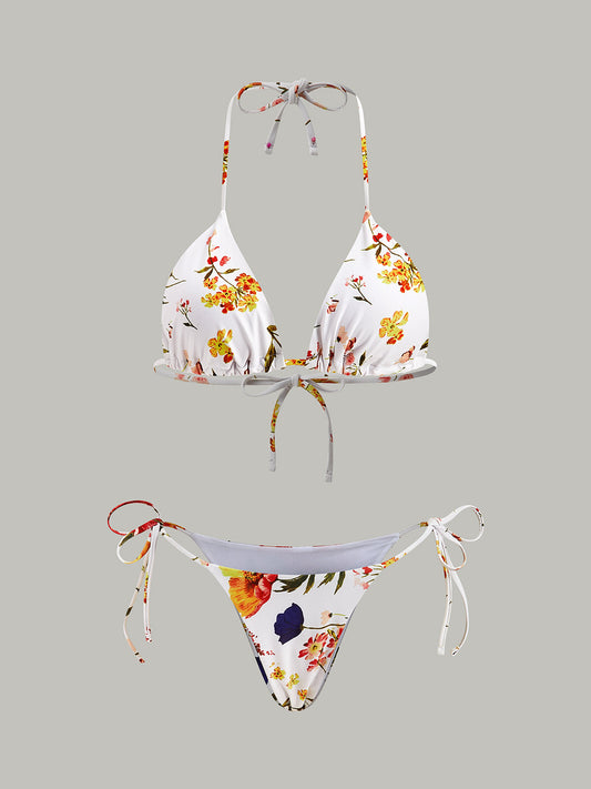 Çiçek Desenli Bağcıklı Bikini Takımı