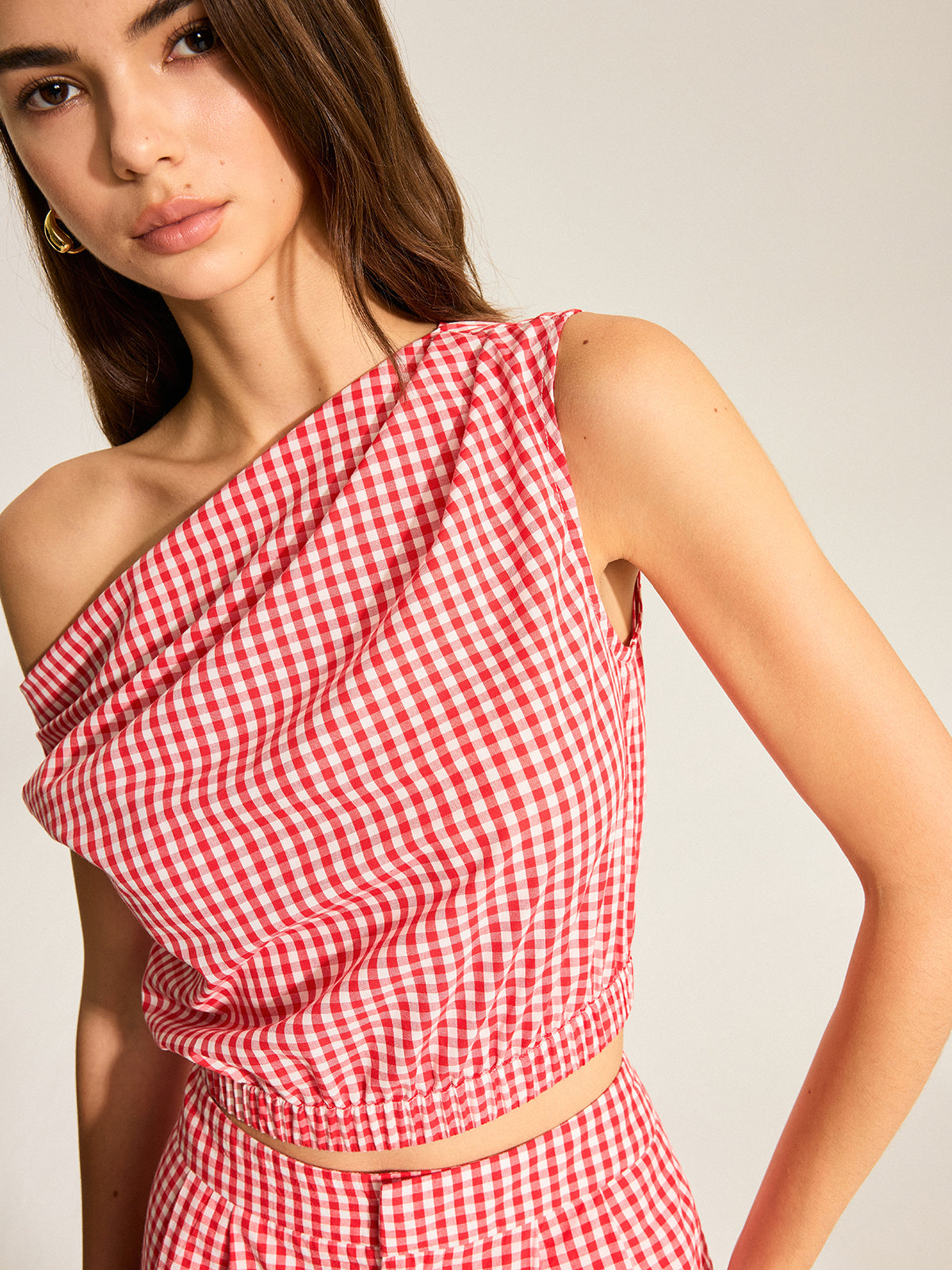 Gingham Tek Omuzlu Üst Ve Şort Takımı