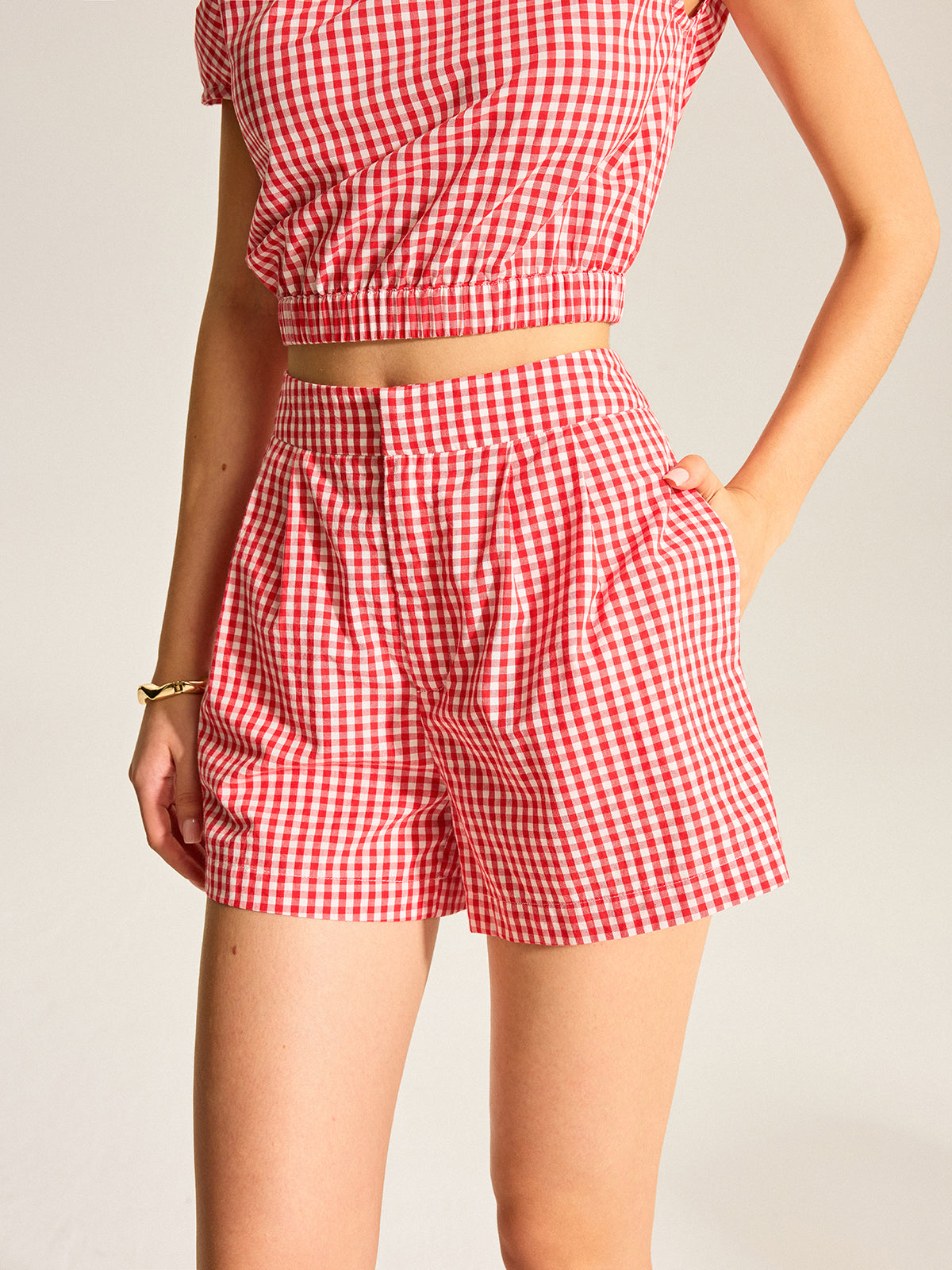 Gingham Tek Omuzlu Üst Ve Şort Takımı