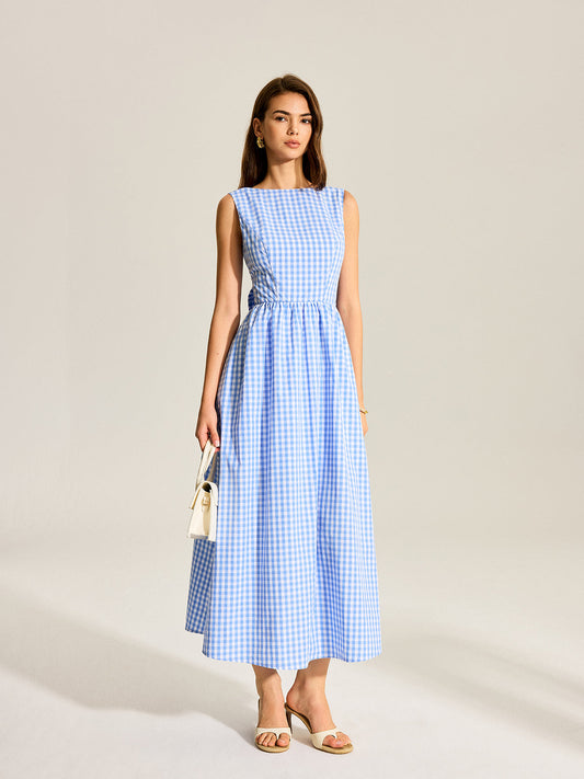 Sırtı Fiyonklu Gingham Kolsuz Elbise