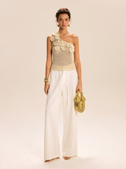 Tek Omuzlu Çiçekli Triko Bluz