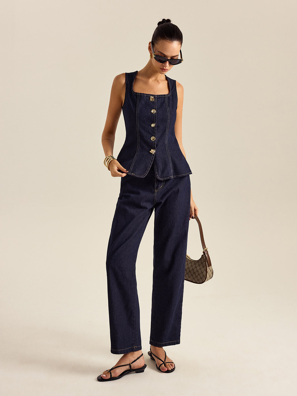 Kot Kumaş Metal Düğmeli Peplum Takımı