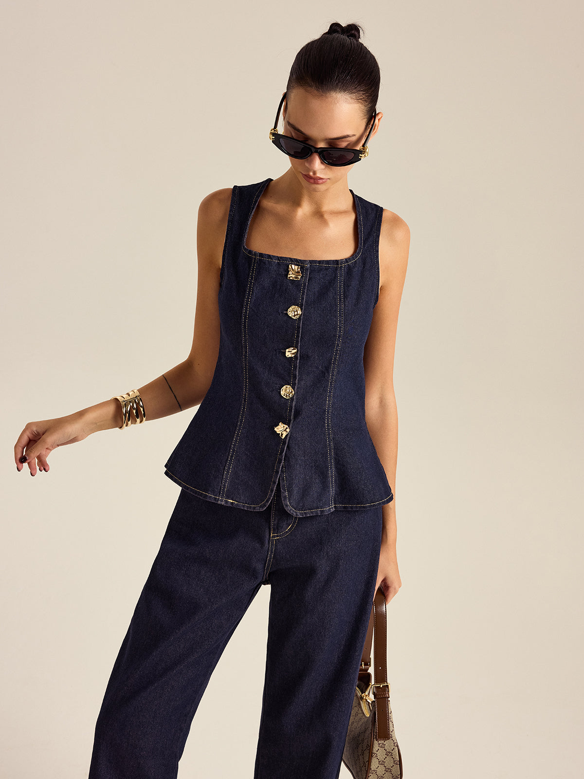 Kot Kumaş Metal Düğmeli Peplum Takımı