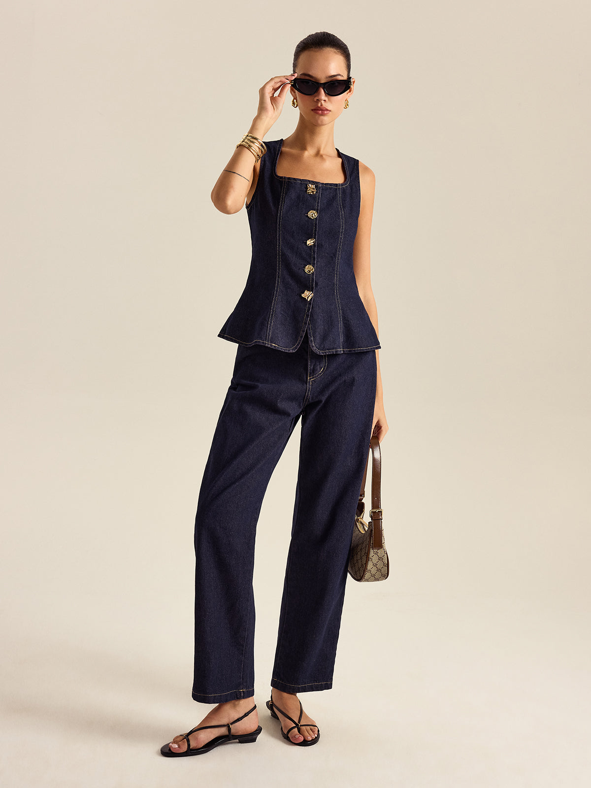 Kot Kumaş Metal Düğmeli Peplum Takımı