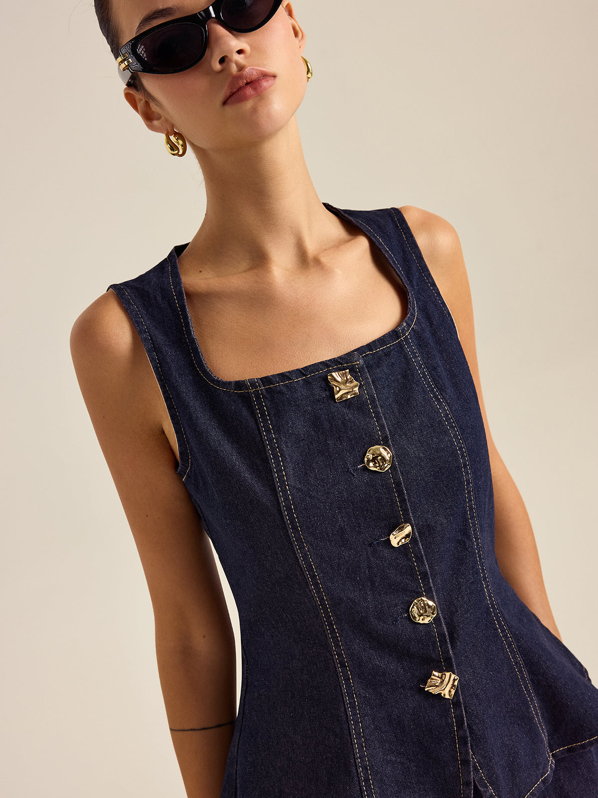 Kot Kumaş Metal Düğmeli Peplum Takımı