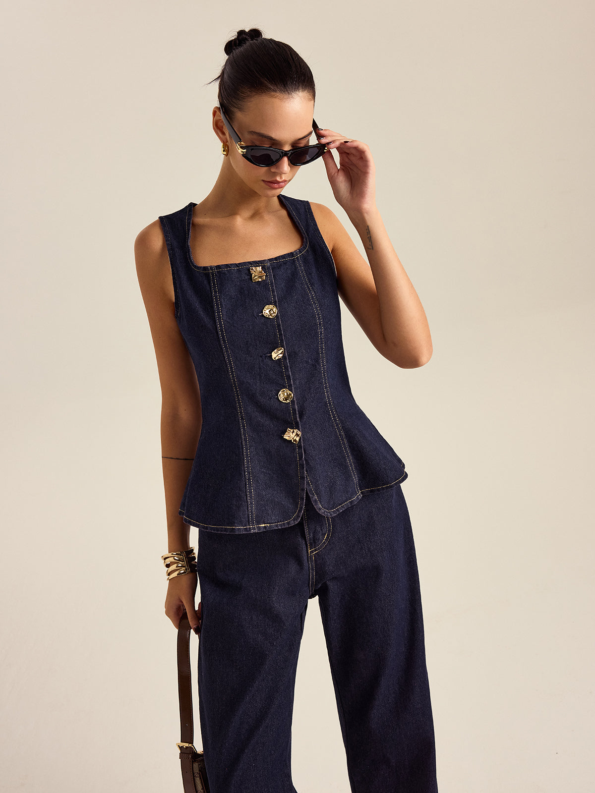 Kot Kumaş Metal Düğmeli Peplum Takımı