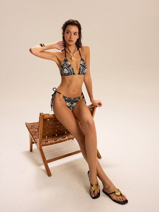 Altın Detaylı Halkalı Baskılı Bikini Takımı