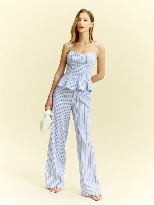Çizgili Peplum Üst Ve Geniş Paça Pantolon Takımı