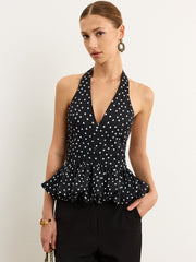 Puantiyeli Halter Peplum Bluz