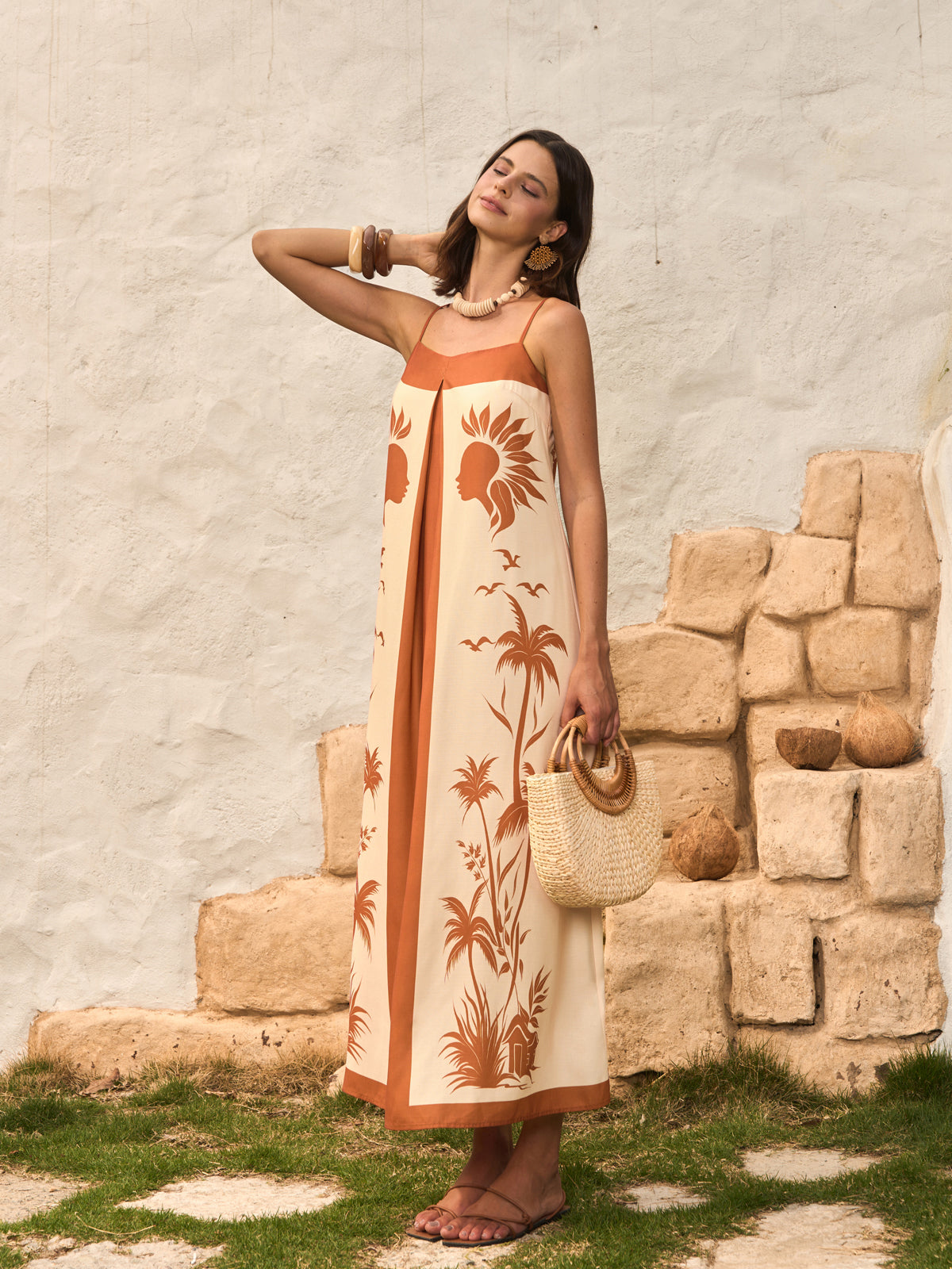 Kontrast Panel Boho Desenli Askılı Elbise