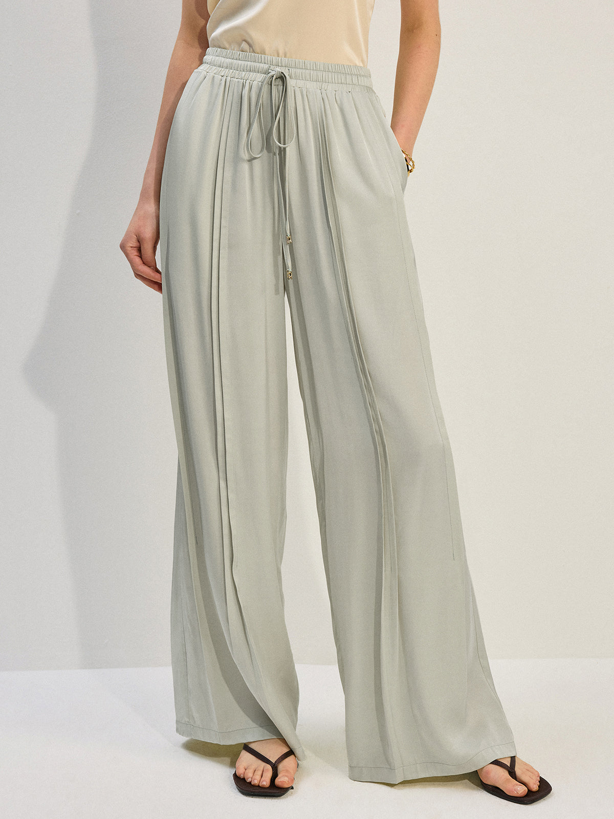 Tencel Rayon Saten Pileli Geniş Paça Pantolon