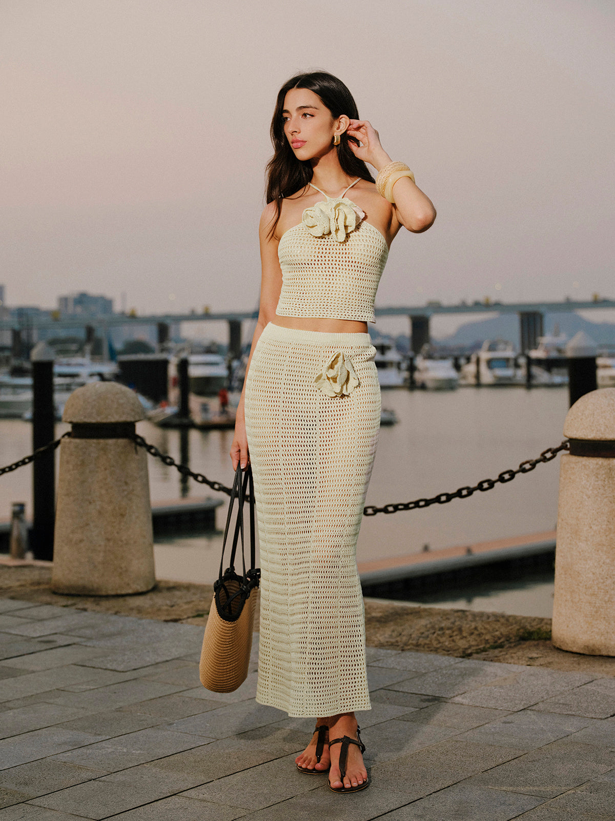 Knit Hollow Ditsy Çiçekli Bağcıklı Etek Takımı