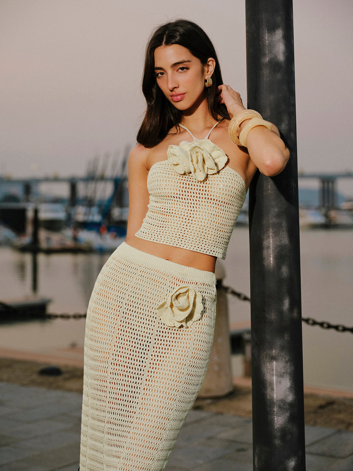 Knit Hollow Ditsy Çiçekli Bağcıklı Etek Takımı