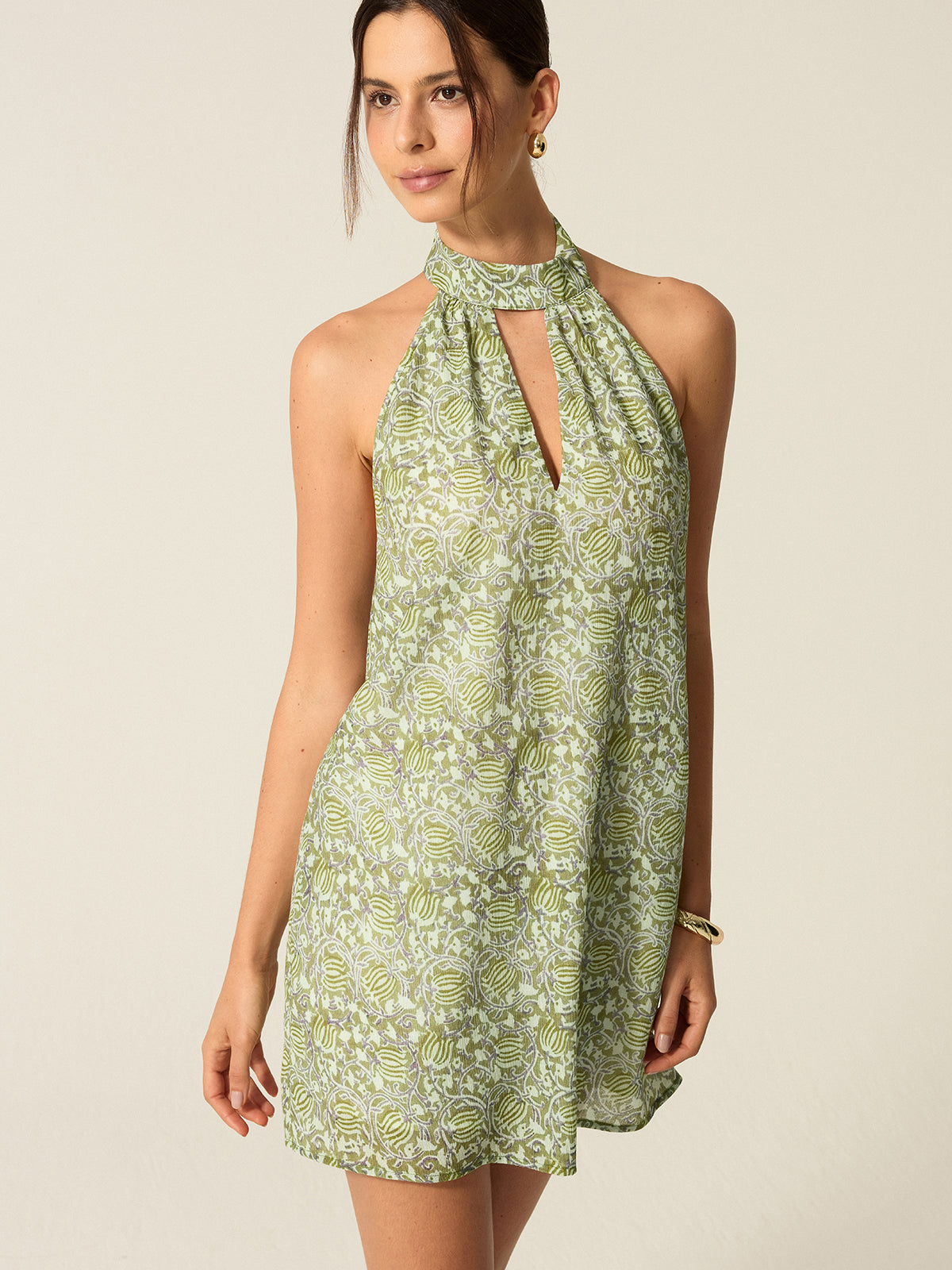 Halter Yaka Kesik Baskılı Mini Elbise