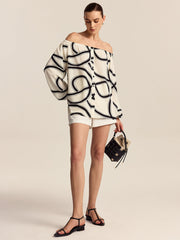 Desenli Omuz Dekolteli Bluz