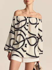 Desenli Omuz Dekolteli Bluz