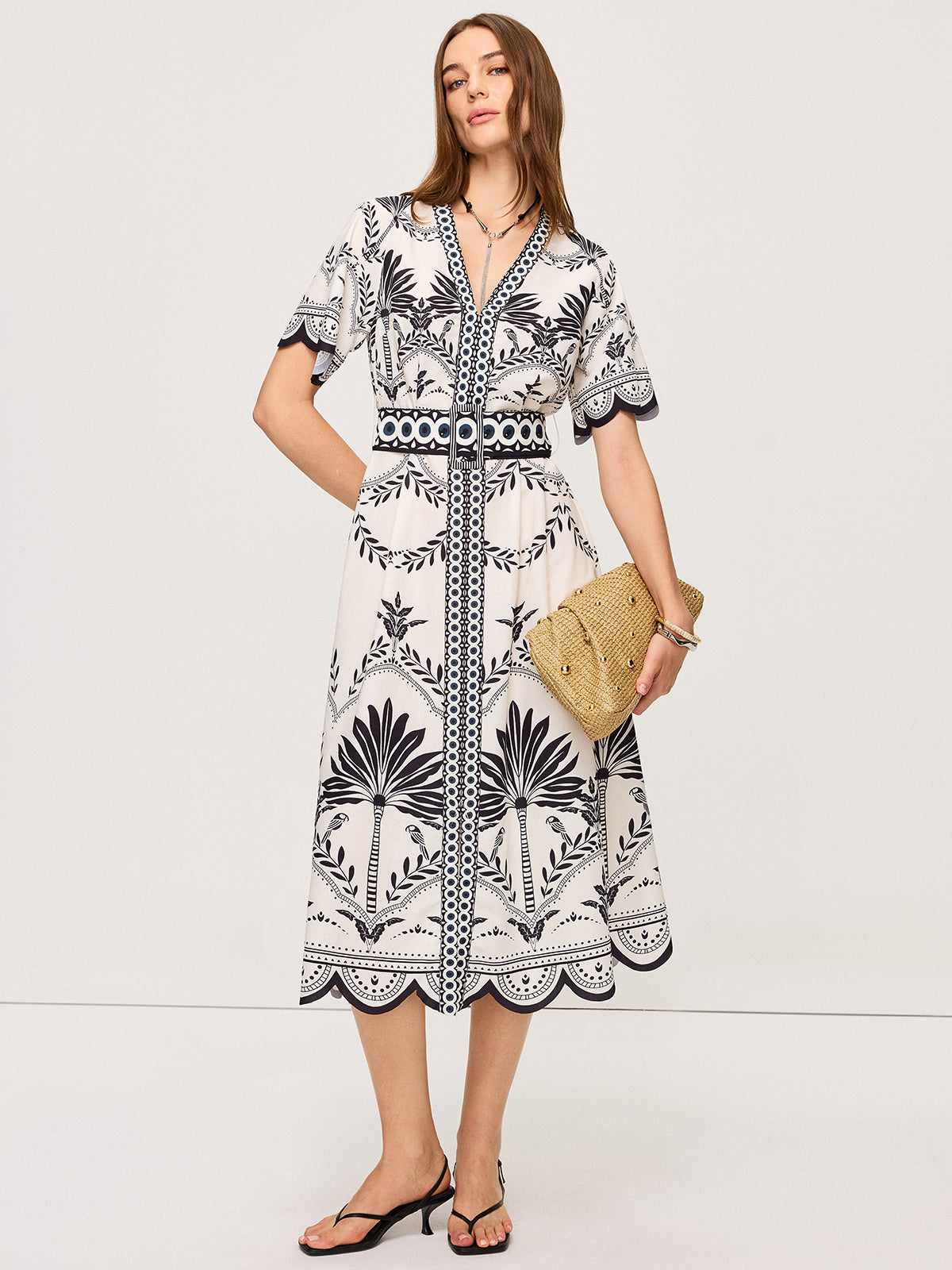 Çiçek Desenli Bohem V-Yaka Midi Elbise