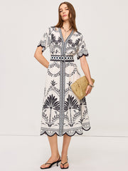 Çiçek Desenli Bohem V-Yaka Midi Elbise