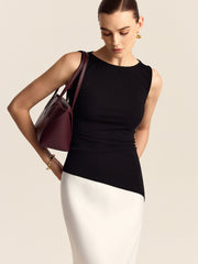 Asimetrik Kesimli Bot Yaka Kolsuz Örgü Üst