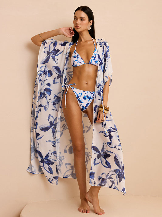 Önü Bağcıklı Şeffaf Çiçekli Kimono Örtüsü