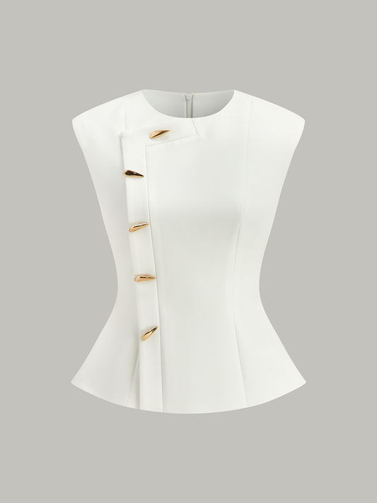 Metal Düğmeli Kolsuz Peplum Üst