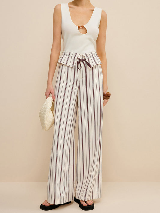Peplum Bel Çizgili Geniş Paça Pantolon