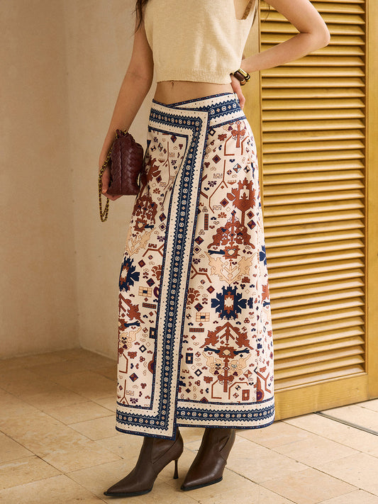 Boho Baskılı Sarma Midi Etek