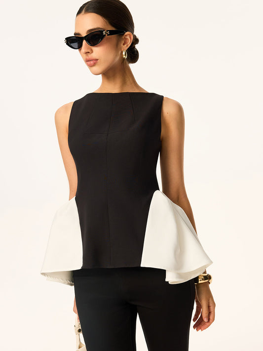 Renk Bloklu Peplum Bel Kolsuz Bluz